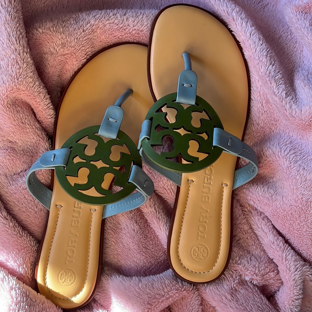 Never Worn! Tory Burch sandals forest green emblem with powder blue straps. 9